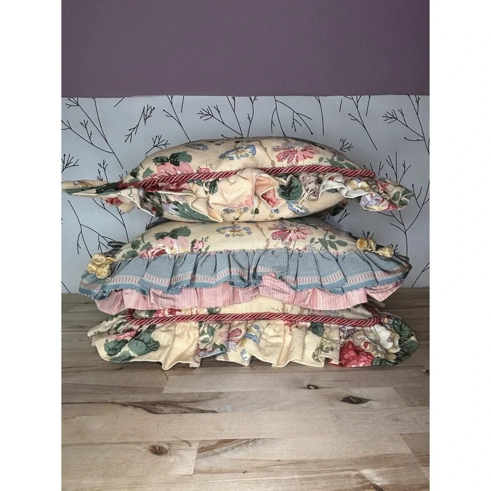 VTG Floral Shabby Chic Ruffled Corded Pillows 18x18 Set of 3 Granny/Cottage Core